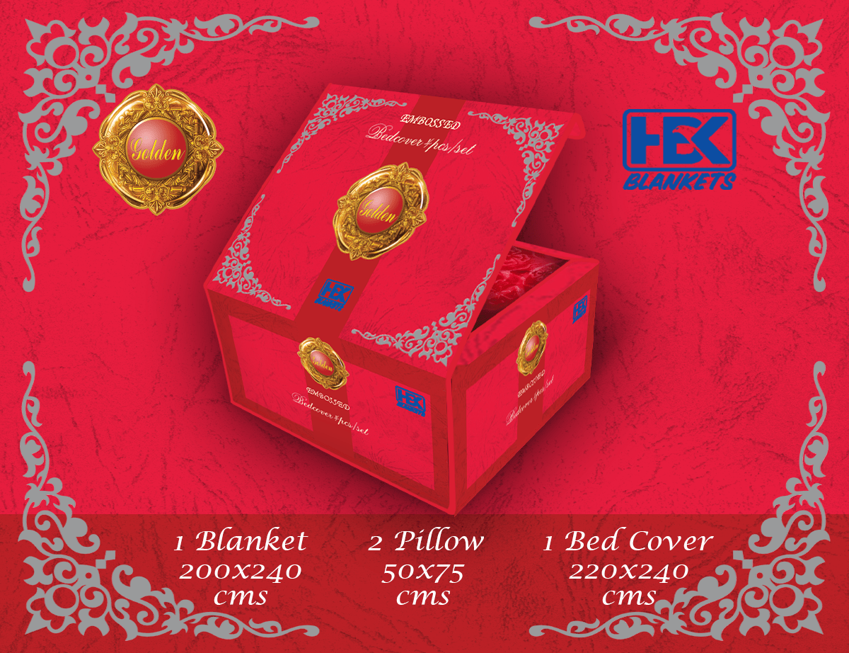 Golden Embossed 4 Pcs Bed Cover Set With 2P Blanket Box HBK