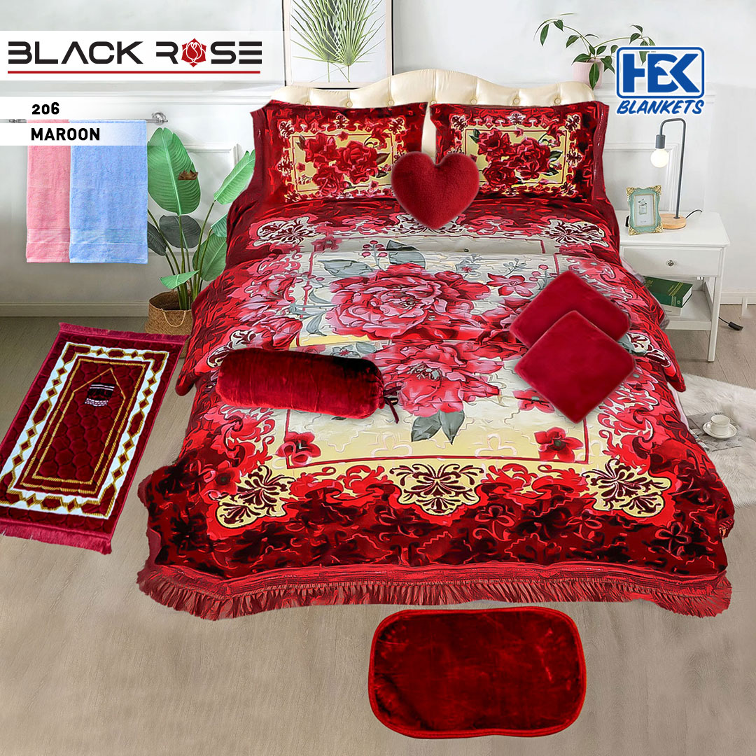 Black Rose Embossed 12 Pcs Bed Cover Set with 2 Ply Blanket HBK