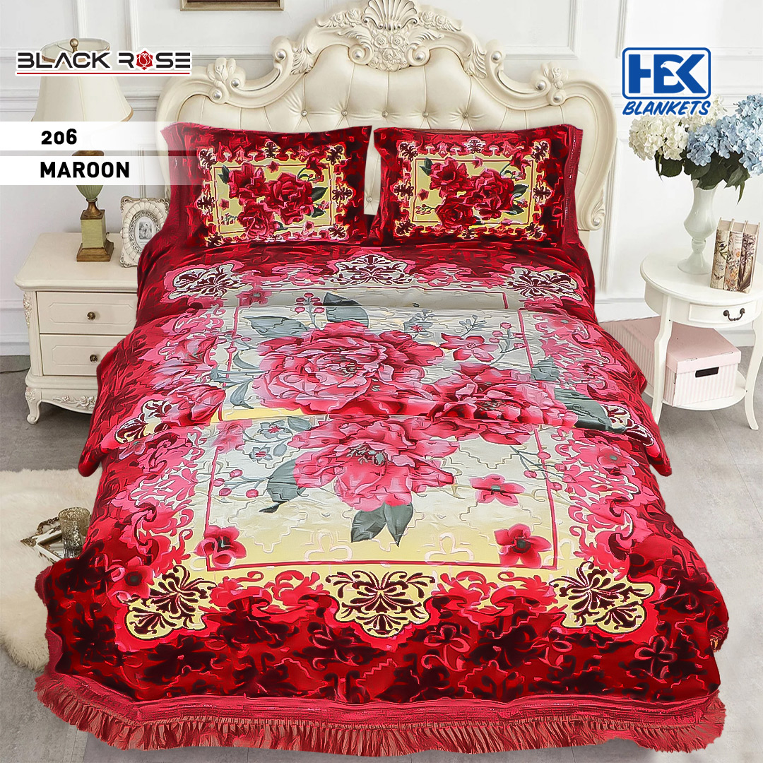 Black Rose Embossed 4 Pcs Bed Cover Set With 2 Ply Blanket HBK